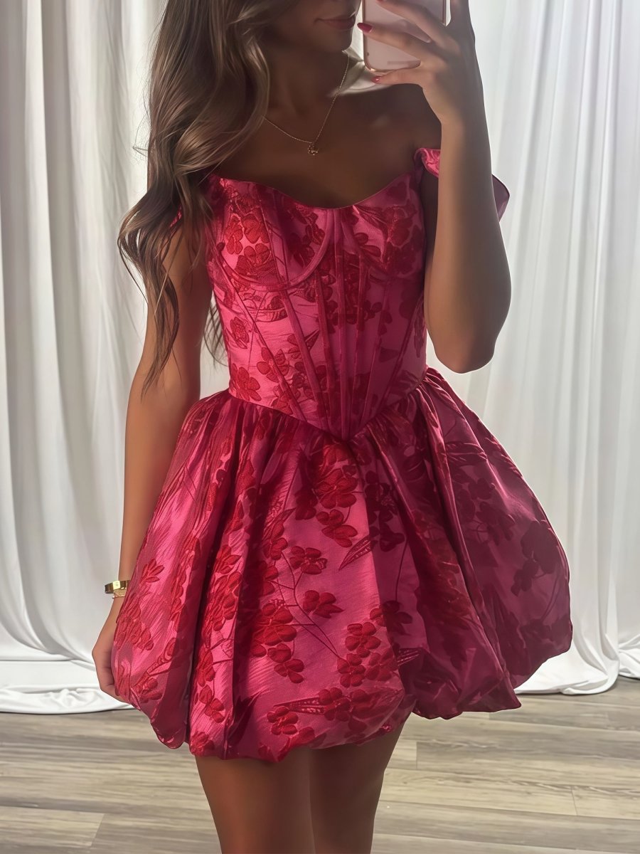 Fuchsia - Spaghetti Straps A Line Floral Ruched Short Homecoming Dress