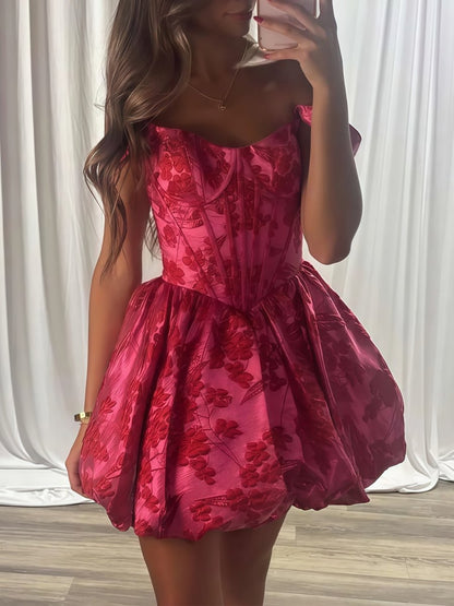 Fuchsia - Spaghetti Straps A Line Floral Ruched Short Homecoming Dress