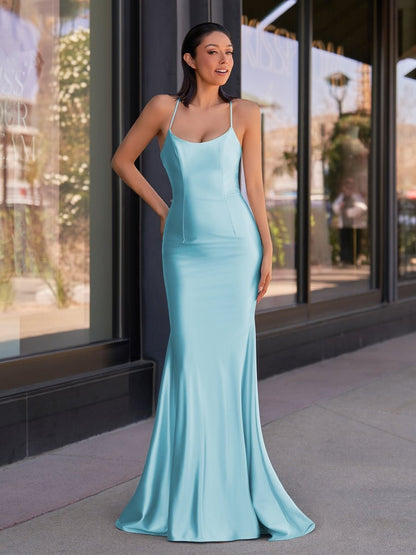 Cute Mermaid Spaghetti Straps Satin Long Prom Dress