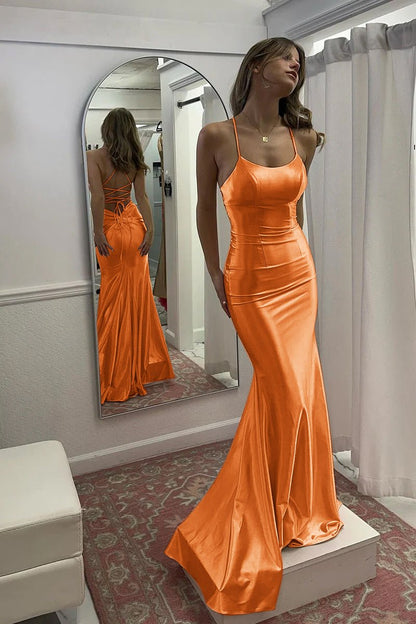 Cute Mermaid Spaghetti Straps Satin Long Prom Dress