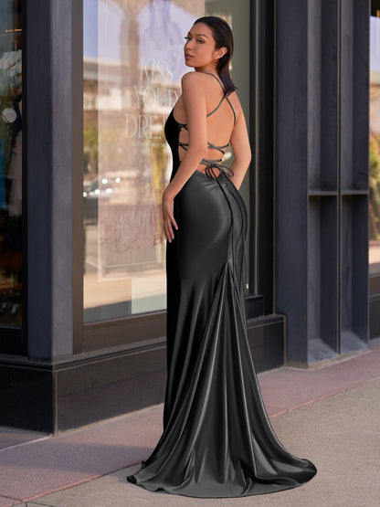Cute Mermaid Spaghetti Straps Satin Long Prom Dress
