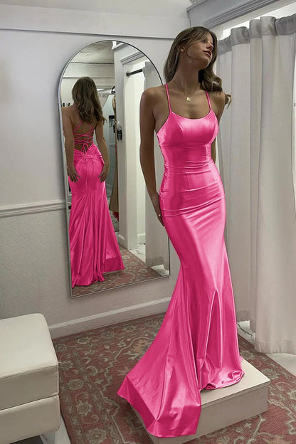 Cute Mermaid Spaghetti Straps Satin Long Prom Dress