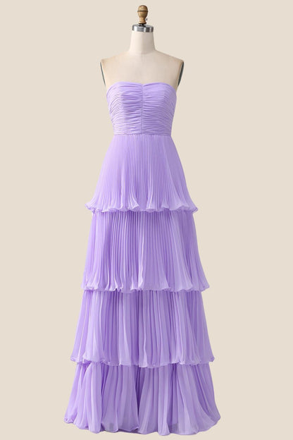Strapless Burgundy Pleated Tiered Long Party Dress
