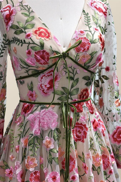 Long Sleeves Floral Embroidery A-line Long Formal Dress