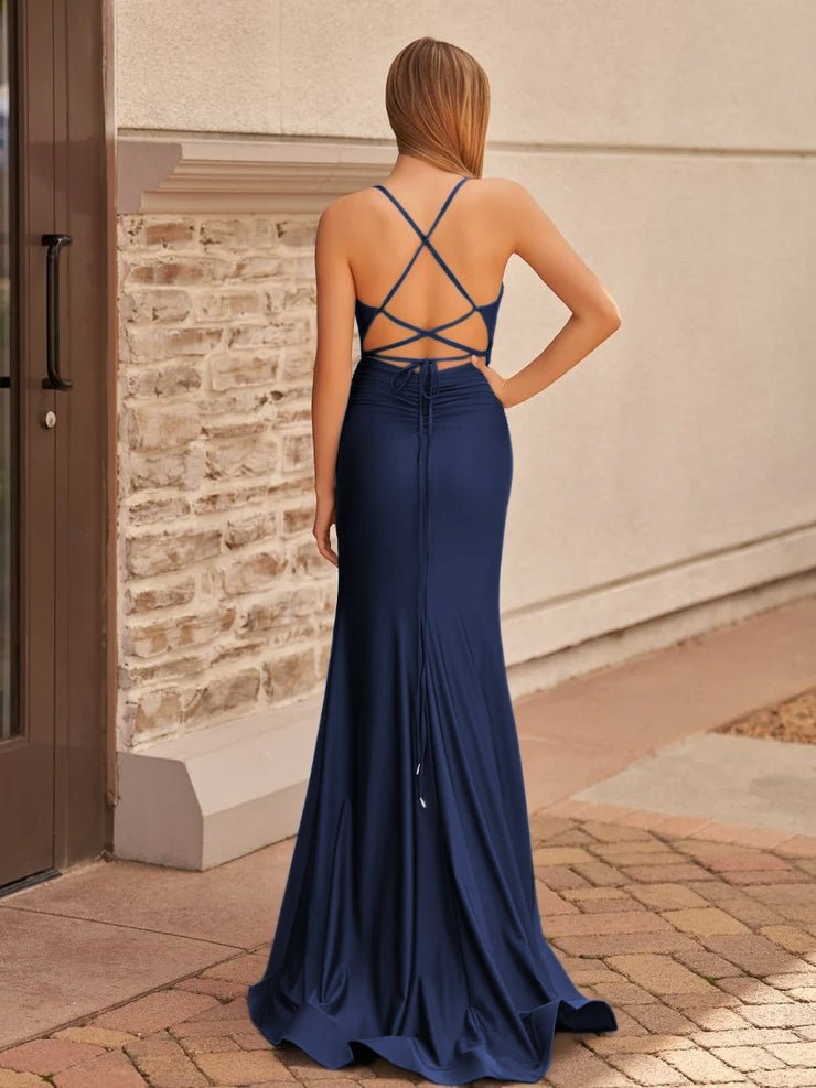 Cute Mermaid Spaghetti Straps Blue Satin Slit Prom Dress