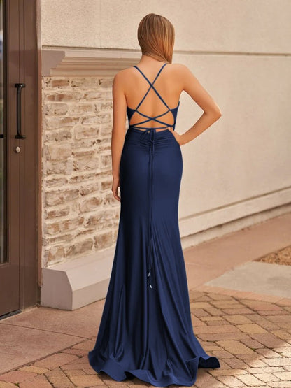 Cute Mermaid Spaghetti Straps Blue Satin Slit Prom Dress