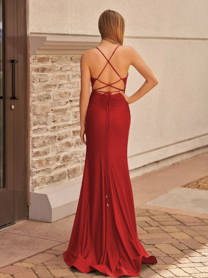 Cute Mermaid Spaghetti Straps Blue Satin Slit Prom Dress