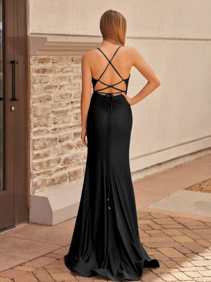 Cute Mermaid Spaghetti Straps Blue Satin Slit Prom Dress