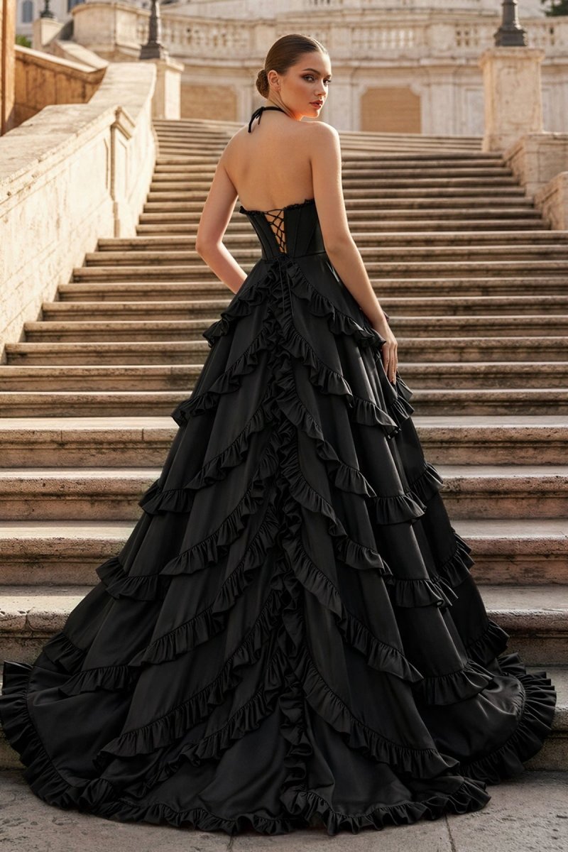 Fuchsia Halter Neck Tiered Ruffles Long Prom Dress