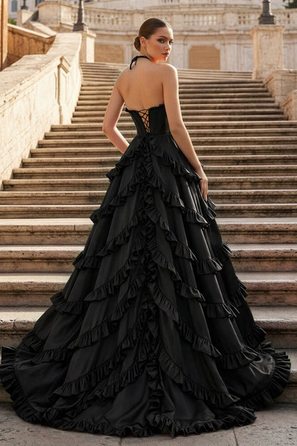 Fuchsia Halter Neck Tiered Ruffles Long Prom Dress