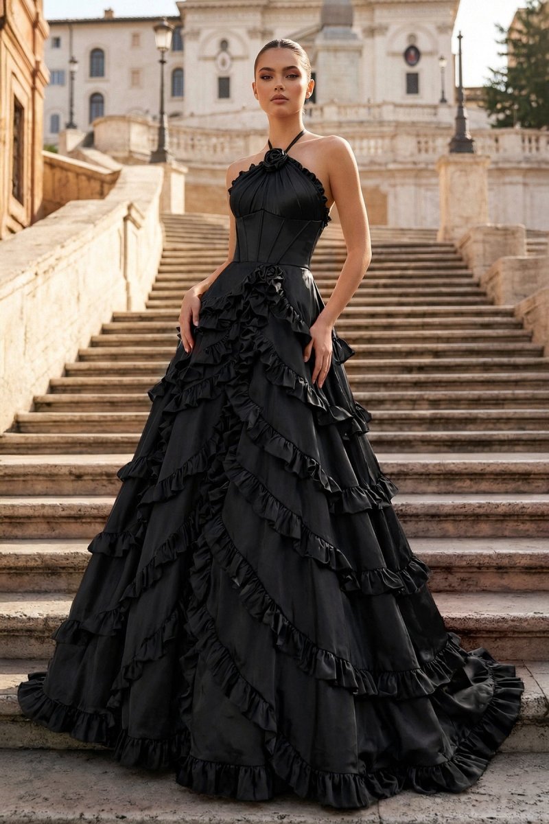Fuchsia Halter Neck Tiered Ruffles Long Prom Dress