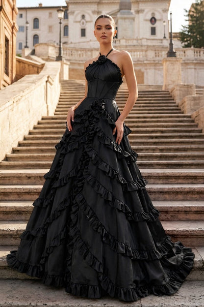 Fuchsia Halter Neck Tiered Ruffles Long Prom Dress