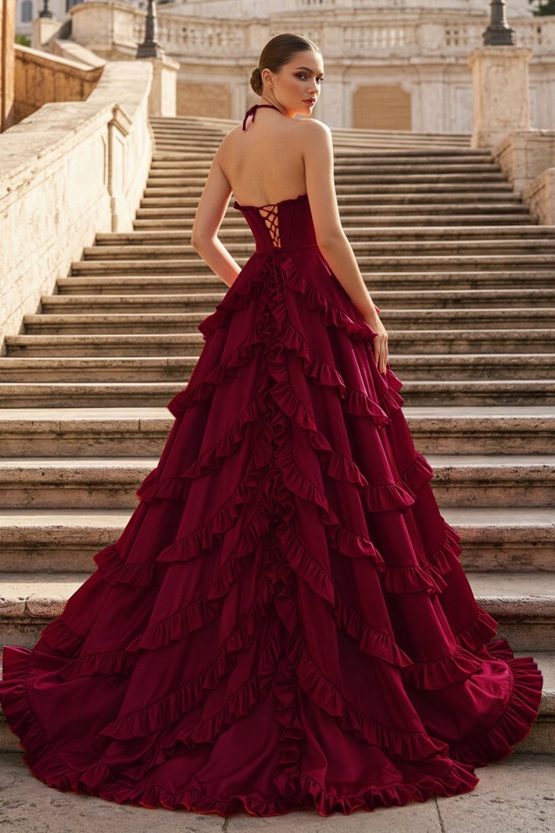 Fuchsia Halter Neck Tiered Ruffles Long Prom Dress
