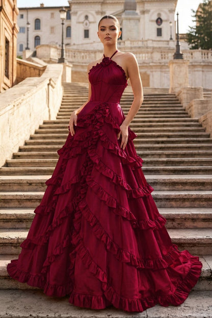 Fuchsia Halter Neck Tiered Ruffles Long Prom Dress