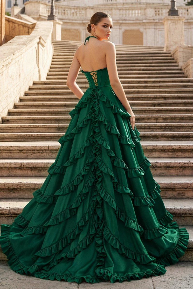 Fuchsia Halter Neck Tiered Ruffles Long Prom Dress