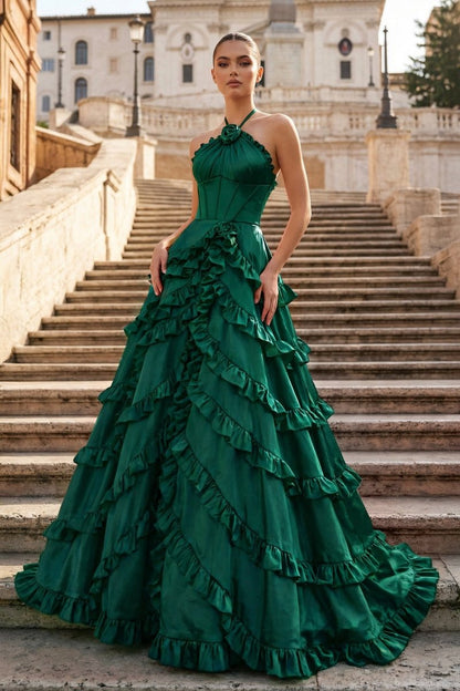 Fuchsia Halter Neck Tiered Ruffles Long Prom Dress