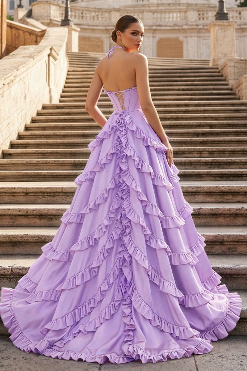 Fuchsia Halter Neck Tiered Ruffles Long Prom Dress