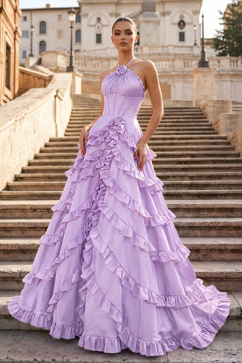 Fuchsia Halter Neck Tiered Ruffles Long Prom Dress