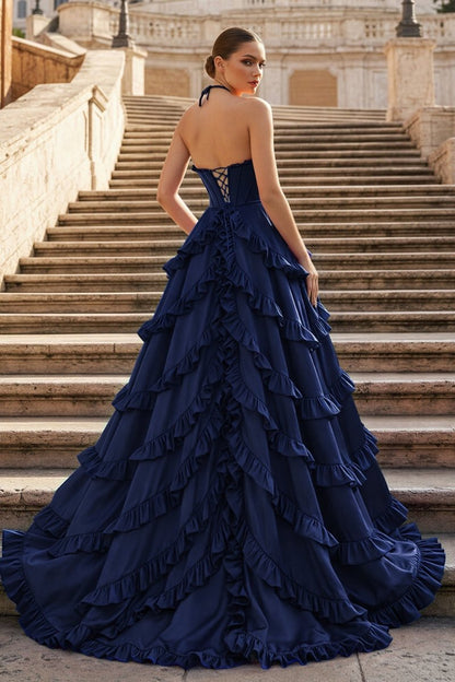 Fuchsia Halter Neck Tiered Ruffles Long Prom Dress