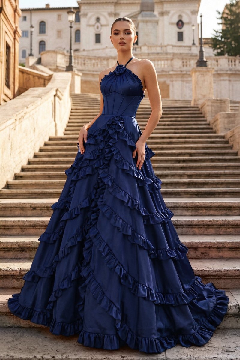 Fuchsia Halter Neck Tiered Ruffles Long Prom Dress