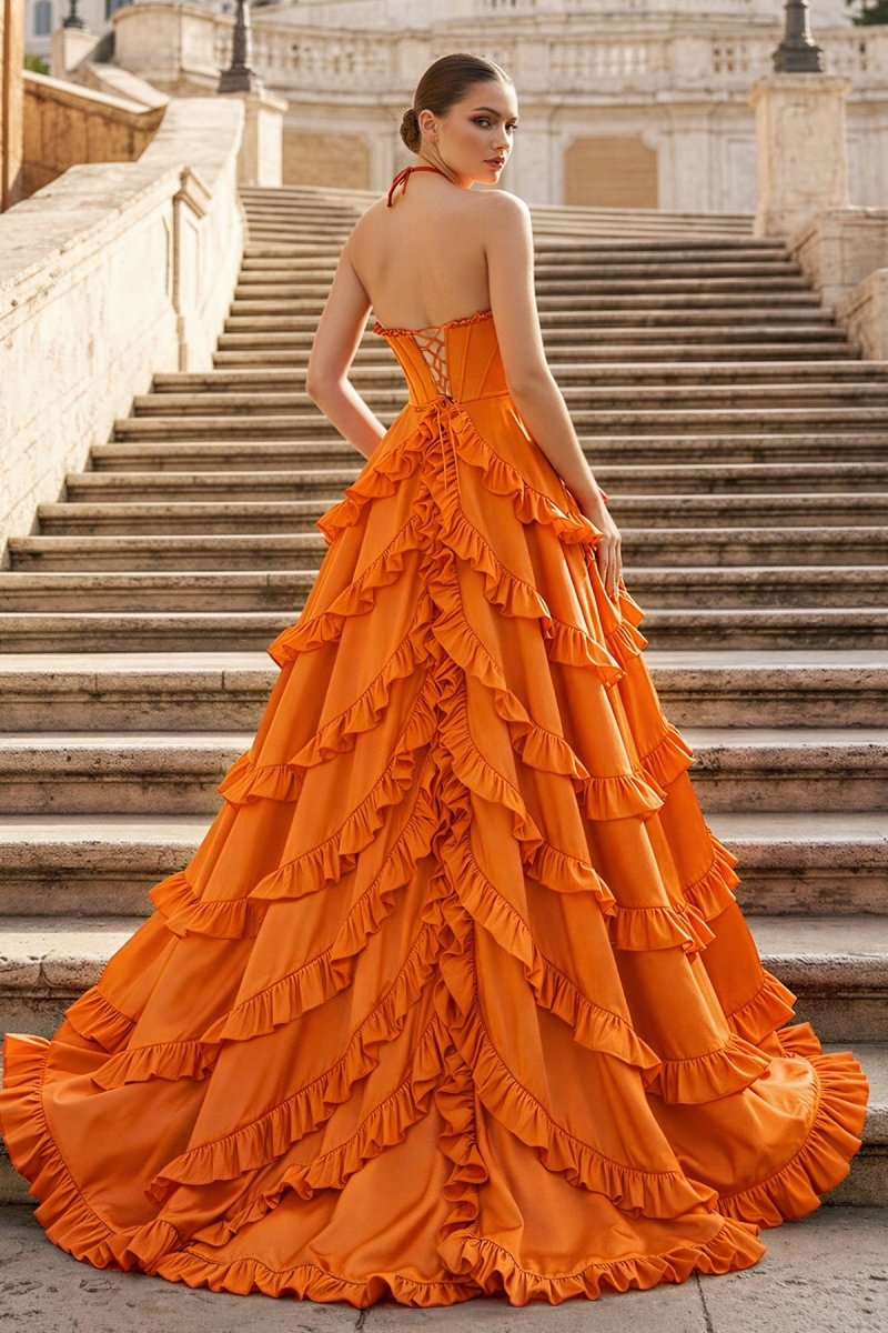 Fuchsia Halter Neck Tiered Ruffles Long Prom Dress