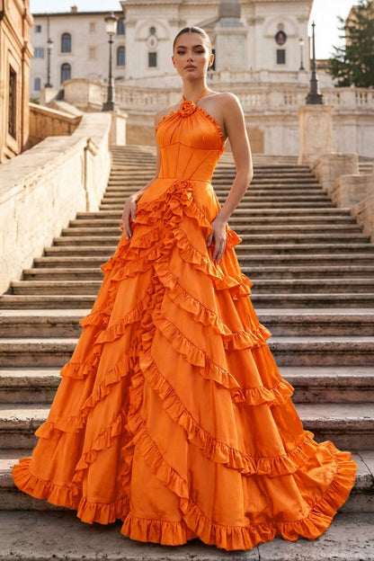 Fuchsia Halter Neck Tiered Ruffles Long Prom Dress