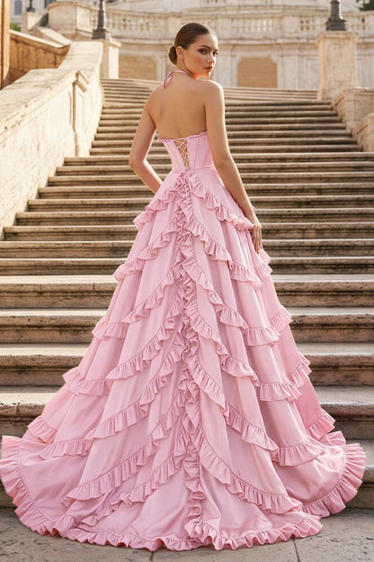 Fuchsia Halter Neck Tiered Ruffles Long Prom Dress