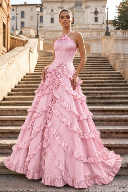 Fuchsia Halter Neck Tiered Ruffles Long Prom Dress