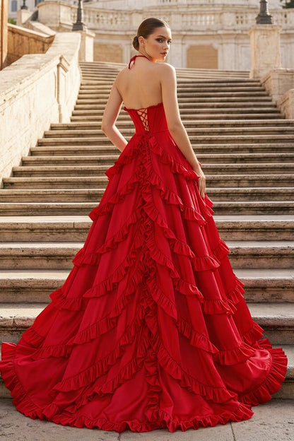 Fuchsia Halter Neck Tiered Ruffles Long Prom Dress