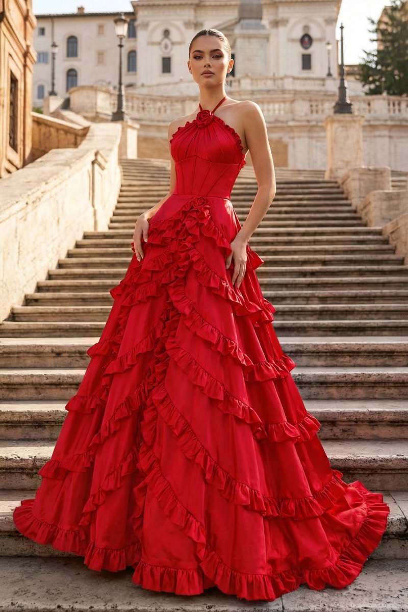 Fuchsia Halter Neck Tiered Ruffles Long Prom Dress