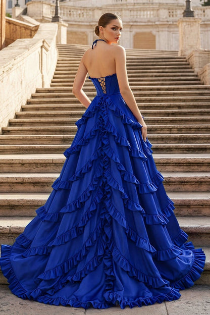 Fuchsia Halter Neck Tiered Ruffles Long Prom Dress