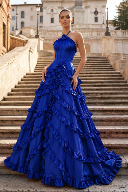 Fuchsia Halter Neck Tiered Ruffles Long Prom Dress