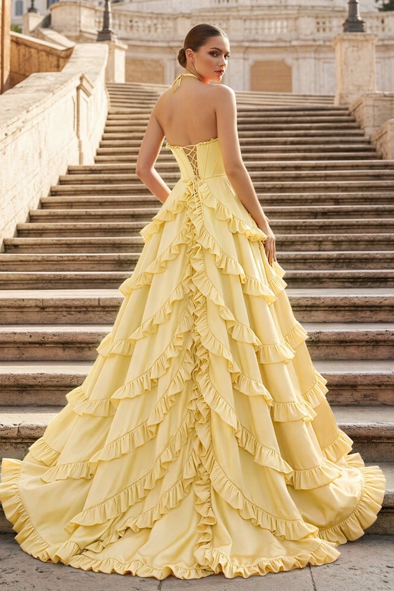 Fuchsia Halter Neck Tiered Ruffles Long Prom Dress