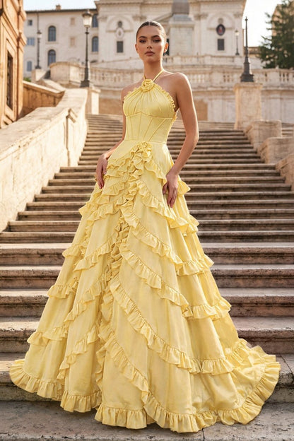 Fuchsia Halter Neck Tiered Ruffles Long Prom Dress