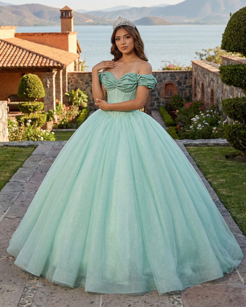 Glitter Mint Green Off The Shoulder Ball Gown Quinceanera Dresses