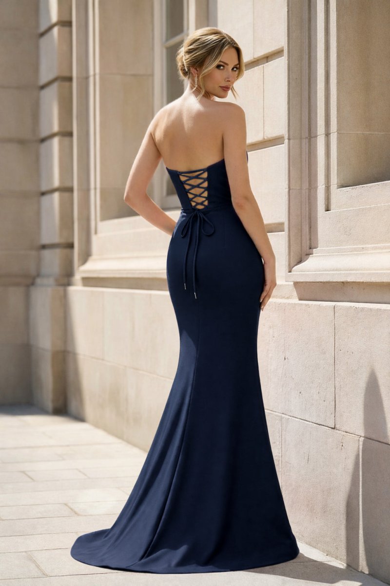 Fuchsia Strapless Mermaid Satin Long Prom Dresses With Beading