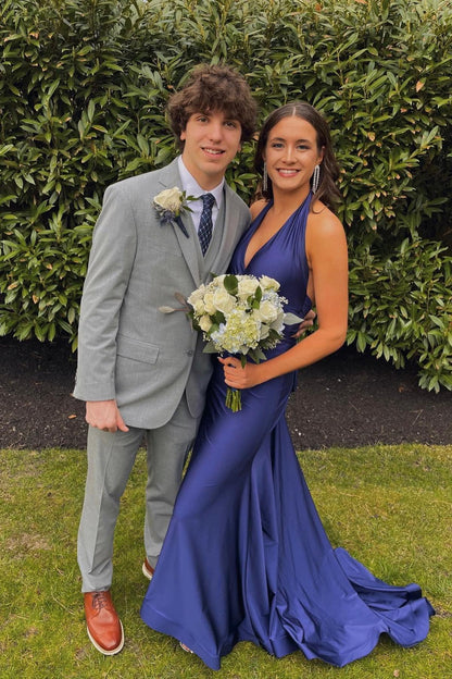 Halter Sage Fitted Long Formal Dress