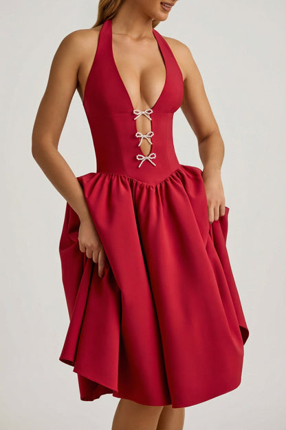 Halterneck Bow-Detail Midi Dress in True Red