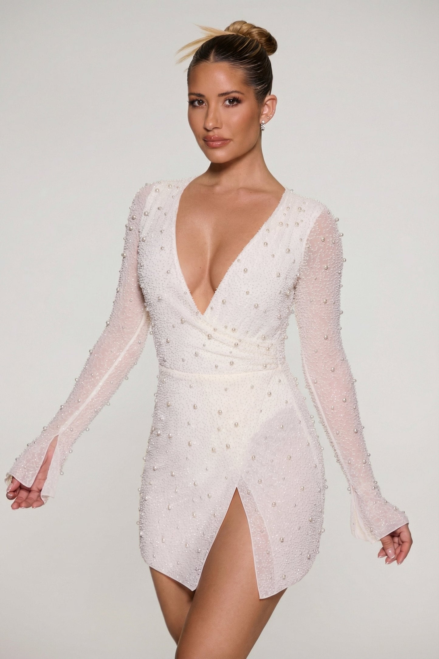 Embellished Wrap Over A-Line Mini Dress in Ivory