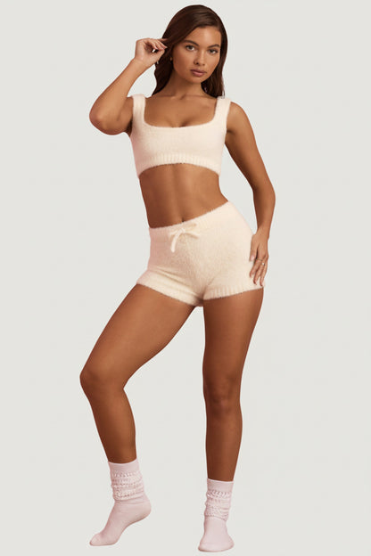 Fluffy Knit Mid-Rise Mini Shorts in Ivory