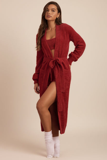 Fluffy Knit Longline Cardigan in Ruby Red