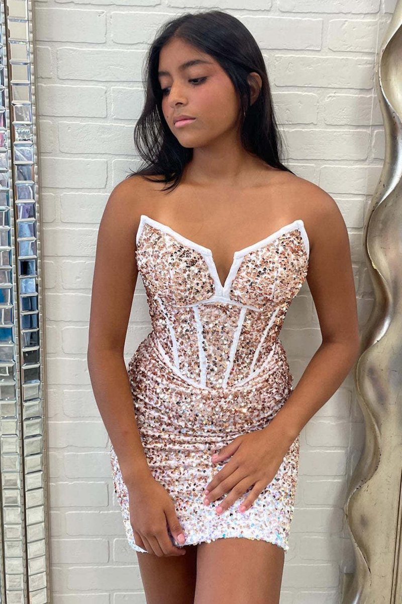 Fuchsia Strapless Bodycon Sequins Mini Party Dresses