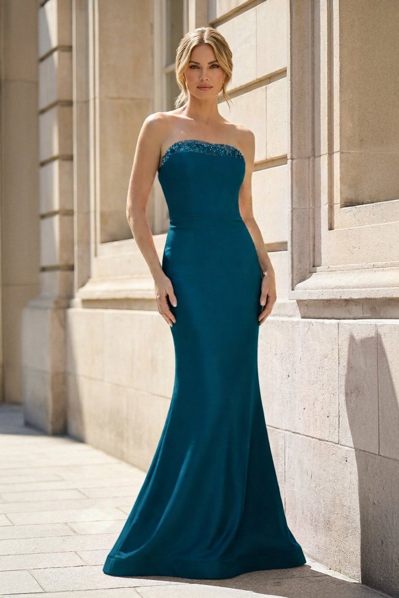 Fuchsia Strapless Mermaid Satin Long Prom Dresses With Beading