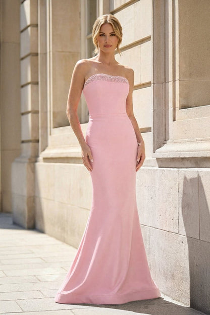 Fuchsia Strapless Mermaid Satin Long Prom Dresses With Beading