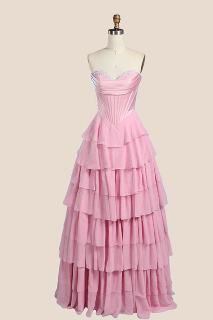Light Blue Corset Chiffon Tiered Formal Gown