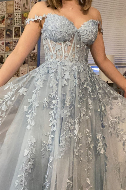 Navy Blue Lace Appliques A-line Long Formal Gown