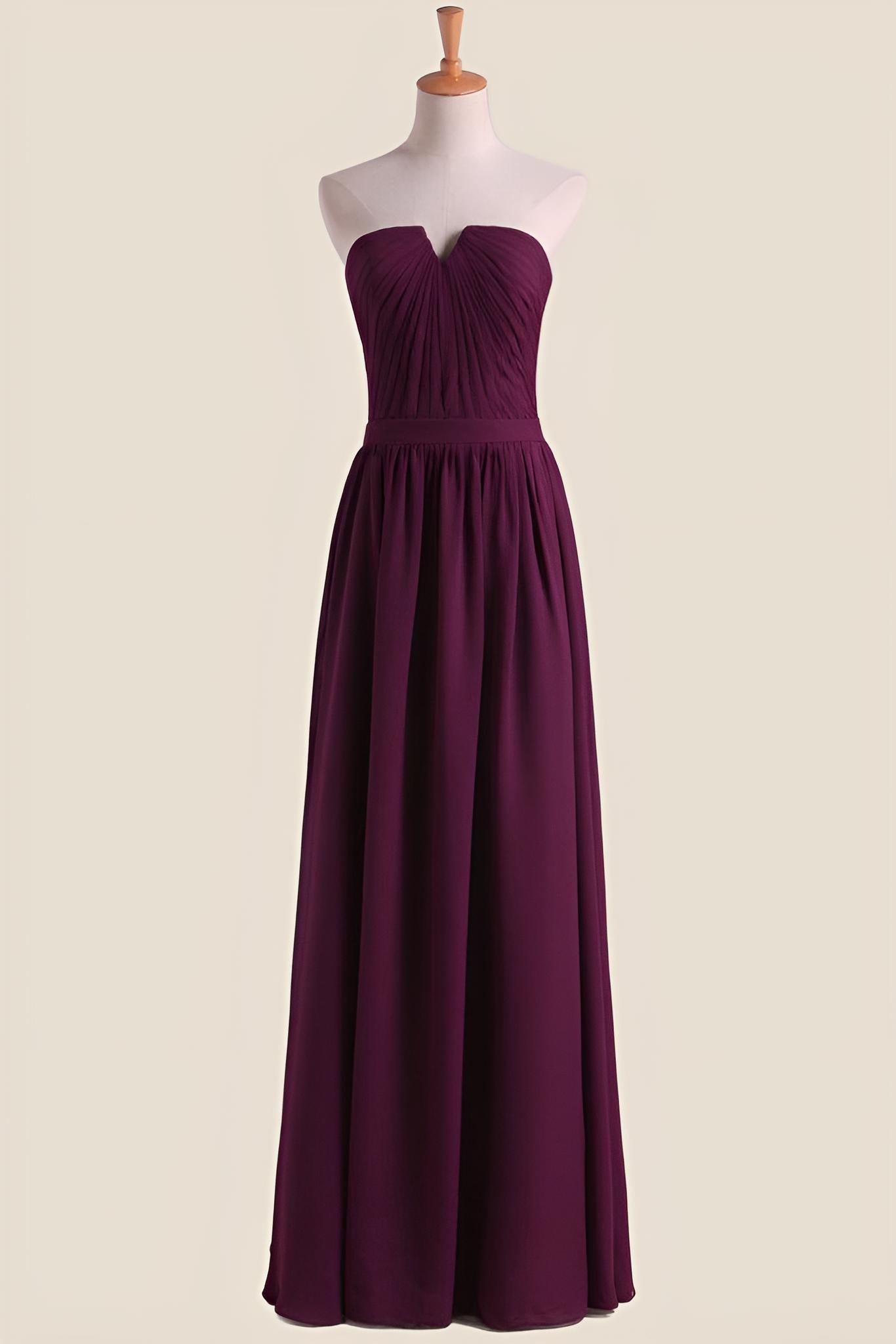 Strapless Grape Pleated Chiffon A-line Long Bridesmaid Dress
