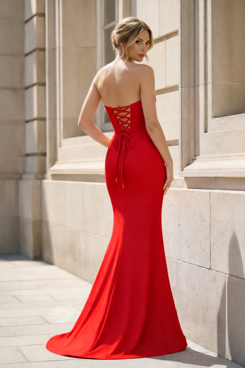 Fuchsia Strapless Mermaid Satin Long Prom Dresses With Beading