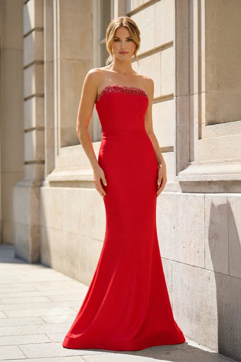 Fuchsia Strapless Mermaid Satin Long Prom Dresses With Beading