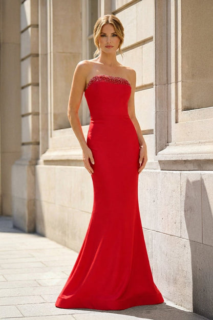 Fuchsia Strapless Mermaid Satin Long Prom Dresses With Beading